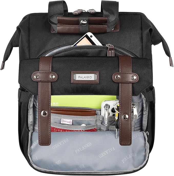 FALANKO Laptop Backpack For Women, Work Doctor Teacher Nurse Wide Open Bookbags 17.3 Inch Laptops Backpack with RFID, Water Resistant Computer Backpack for Men Women Black