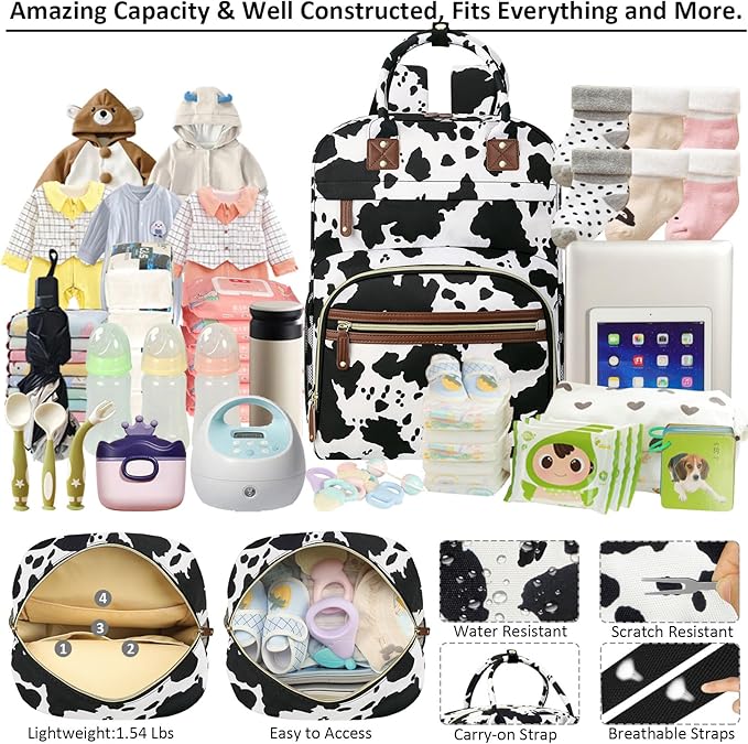 Tenot Large Capacity Baby Diaper Bag Backpack with Insulated Pockets, Waterproof, Stylish Cow Print Design, Suitable for Boys and Girls