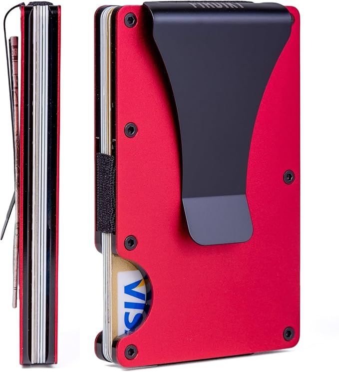 Carbon Fiber Minimalist Wallet for Men Credit Card Holder Money Clip & Cash Strap Slim RFID Mens Wallets(Matt Red)