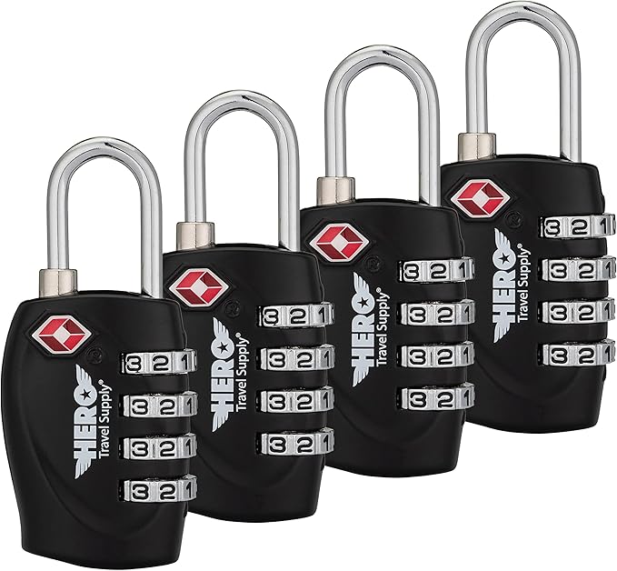 Hero Luggage Lock (Pack of 4) TSA Approved, 4 Digit Combination Padlock for Travel, Suitcases, Lockers, Backpacks
