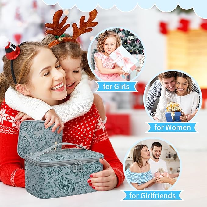 OCHEAL Makeup Bag Set, Portable Travel Makeup Bags Cosmetic Organizer Bag for Women Cute Floral Cosmetic Pouch Large Capacity Make up Bag PU Leather Toiletry Bags with Divider and Handle-Blue