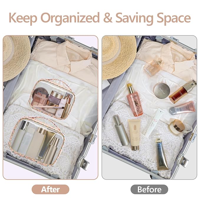 PACKISM Stylish TSA Approved Toiletry Bag Set, Floral, Clear Makeup Bag with Handle, 1 TSA Medium & 1 Large for Travel, Gift for Women, Nude Pink Ditsy Floral