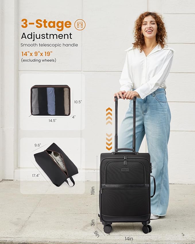 LOVEVOOK Carry On Luggage 22x14x9 Airline Approved,20 Inch Suitcases with Spinner Wheels,Softside Carry-on Suitcase with TSA Lock for Men Women Business Trip Weekender Travel,Black