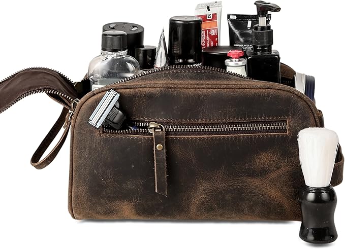 KomalC Travel Toiletry Bag – Premium Leather Dopp Kit for Men & Women with Water-Resistant Lining & Spacious Zippered Organizer