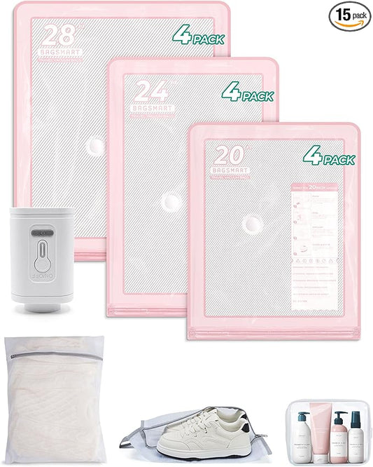 BAGSMART Vacuum Storage Bags with Portable Pump, Travel Space Saver Bags for Clothes, Heavy Duty Compression Bags for Storage, Vacuum Seal Bags with Hand Pump, Travel Essentials for Packing-Pink