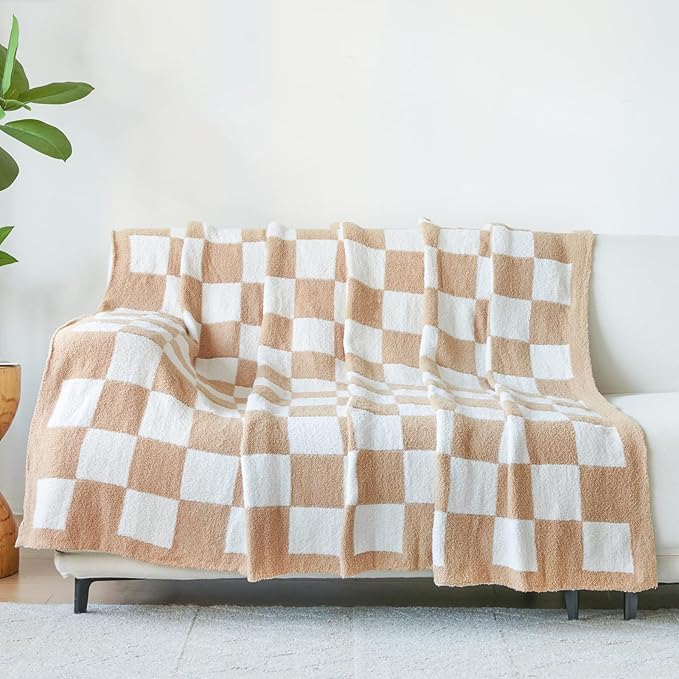 Checkered Blanket, Cozy Soft Throw Blankets for Couch Bed, Fluffy Plaid Lightweight Comfy Travel Picnic Blanket Gifts for Sofa Chair Living Room Camping (Beige, Twin 60"x80")