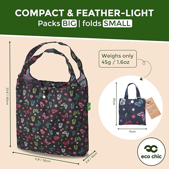 ECO CHIC Foldable Reusable Grocery Bags - Lightweight, Recycled & Reusable Shopping Bag - Waterproof Packable Tote