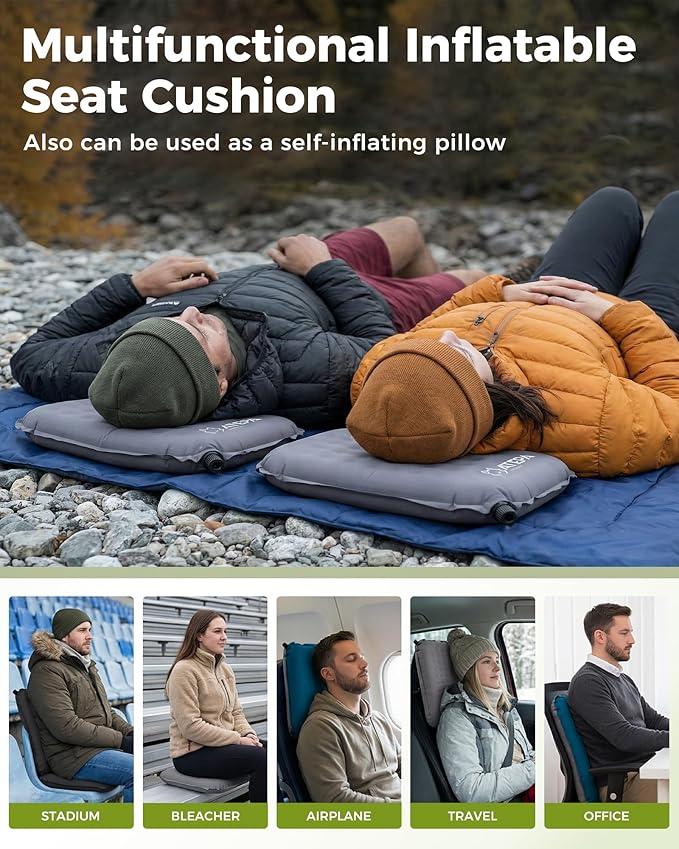 ATEPA Inflatable Seat Cushion, Self-Inflating Portable Stadium Airplane Travel Foam Cushion Pad for Camping, Sports Events, Outdoor
