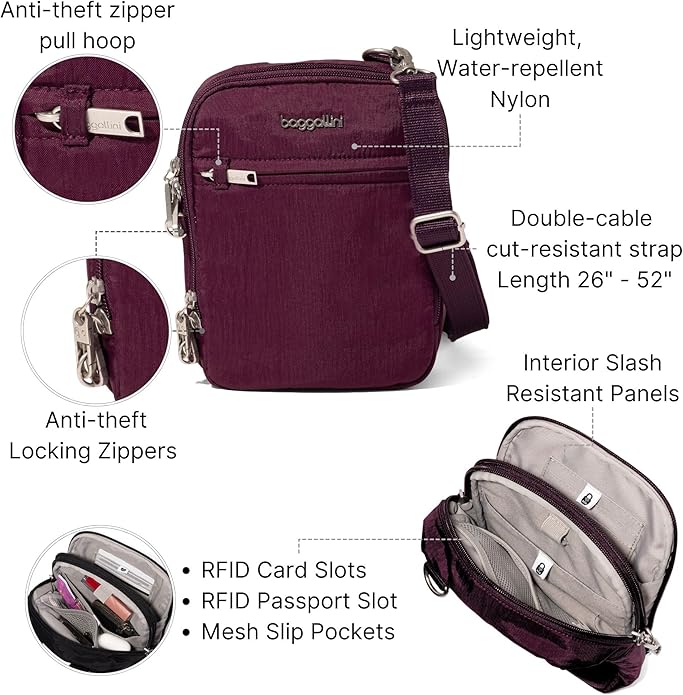 Baggallini Securtex® Anti-theft Mini Everything Crossbody Bag, 6.3"x8.25" Rfid, Locking Zippers & Cut-resistant Strap