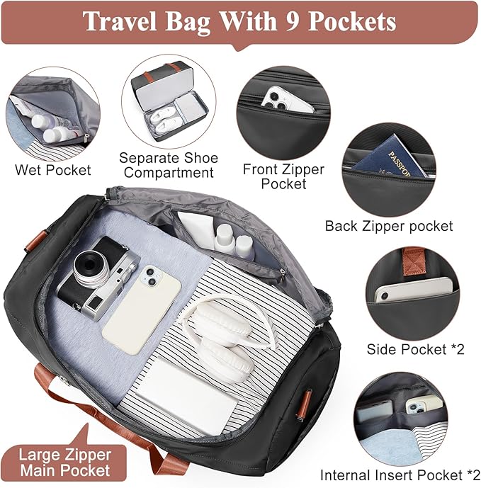 Travel Duffel Bag for Women, Carry-on Overnight Weekender Bags with Wet Pocket, For Spirit Airlines 18x14x8 Personal Item Bag,Small,Black & Brown