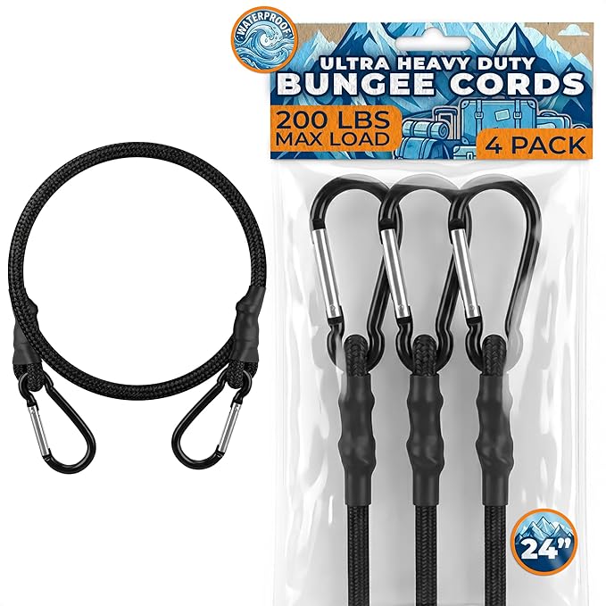 4 Pcs Heavy Duty Bungee Cords with Carabiner Hooks – 24", 200 Lbs Load, Latex & Braided Rubber Cord, Anti-Rust Steel Carabiner Bungee Cord, UV Resistant | Camp, Car, RV, Kayak | Home & Outdoor Use