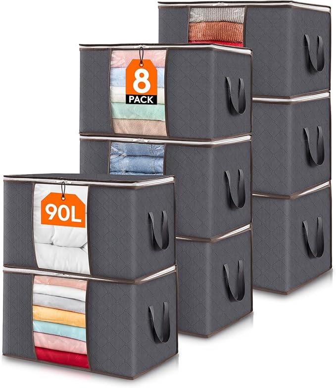 Lifewit 8 Pack 90L Clothes Storage Bins with Lids, Foldable Blanket Storage Bags with Zippers, Clear Window and Reinforced Handles, Closet and Organization for Clothing, Sweater, Comforter, Bedding
