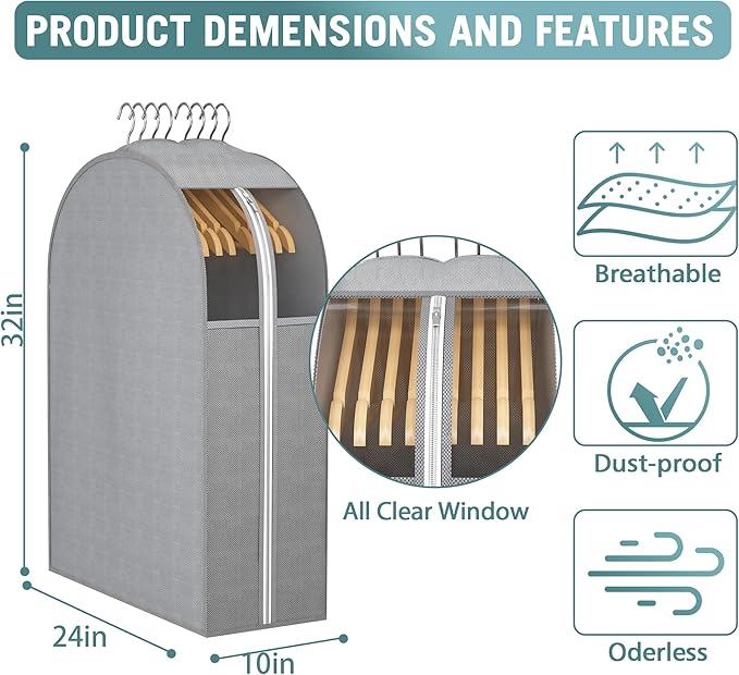 Liuoud 10" Gusseted Garment Bags for Hanging Clothes with Clear Window, 32" Suit Bags for Open Closet Storage, Clothing Cover for Coat, Dress, Jacket, Shirt, Fur Wardrobe Protector, 4 Packs