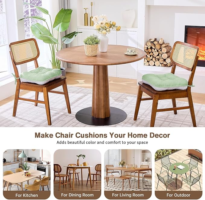 BETU Chair Cushions for Dining Chairs Set of 2,3.5" Thick Kitchen Table Chair Pads with Ties,Non Slip Backing and Covers, Home Decor Seat Cushion for Dining Room,Bar,Patio Chairs16"X16"X3.5"Sage Green