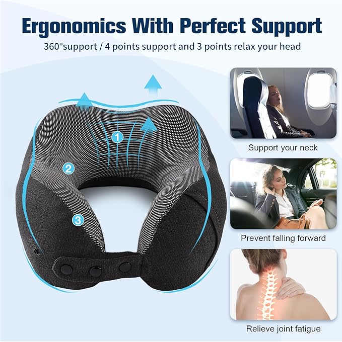 Neck Pillow for Traveling, Travel Pillows for Airplanes,100% Pure Memory Foam Travel Neck Pillow, Adjustable Flight Pillow, Portable Plane Accessories with Eye Mask, Earplugs, Carry Bag