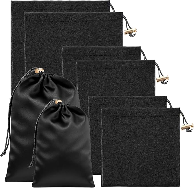 Toy Storage Bags, 6 Pcs Quality Satin Silk Drawstring Pouch Adjustable Microfiber Toy Organizer Bags Gift Bag Foldable Ditty Bag for Women Men Toys Underwear Sunglasses Cosmetic, 3 Sizes (Black)