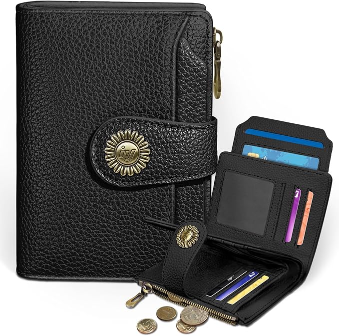 Icycay Black Small Wallet Women RFID Blocking Bifold, Credit Card Holder, Zipper Coin Pocket, PU Leather, Compact, Travel, 4 ID Window, 14 Card Slots, Cash Purse, Ladies Woman Female Girls