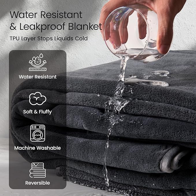 LOOBANI Waterproof Blanket for Bed: Reversible Leakproof Full/Queen Bed Blankets 80" x 90", Soft Flannel & Coral Fleece Bed Blanket Water Resistant for Couch Sofa Cover, Movie Time, Camping, Grey