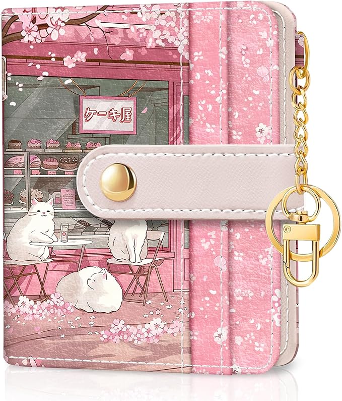Jogjam Cute Kawaii White Cats Rfid Ladies Wallet, Small Credit Card Women Wallet, Japanese Dessert House PU Leather Bifold Cash Zipper Coin Pocket for Female