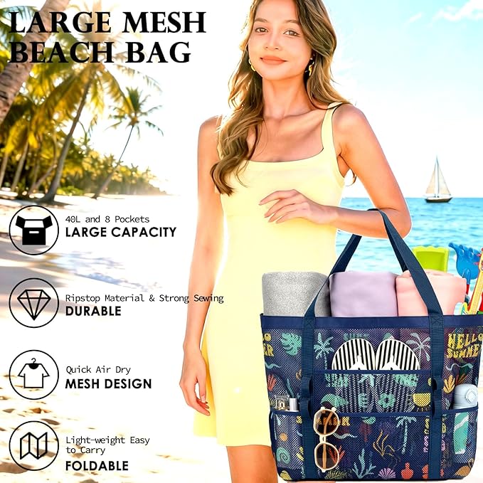 Fammart Mesh Beach Bag, Large Beach Tote with Zipper Pocket, Toys Pool Bag for Family Travel Vacation Cruise Essentials