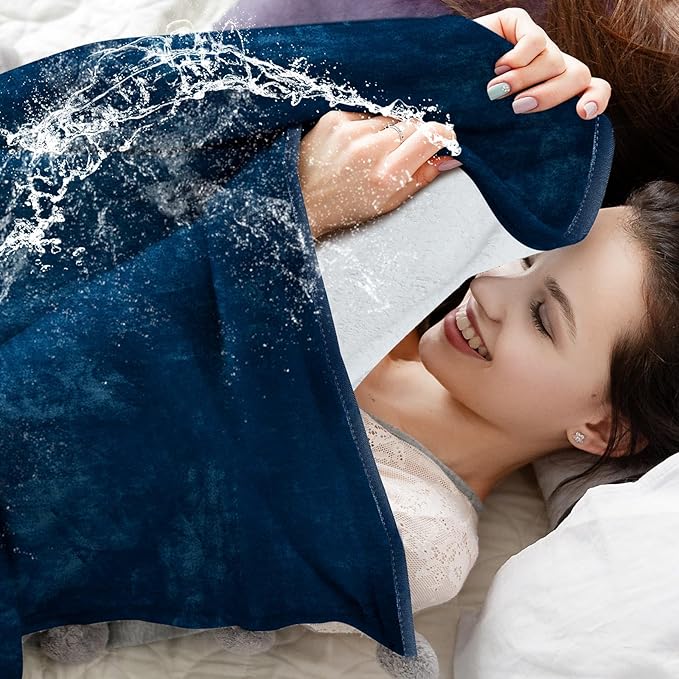 King Size Waterproof Blanket for Bed Couch, 80'' x 80'' Double Side Leakproof Reversible Sherpa Flannel Fleece 3-Layer Lightweight Blanket, Absorbs 70oz(Navy Blue/White), Machine Washable