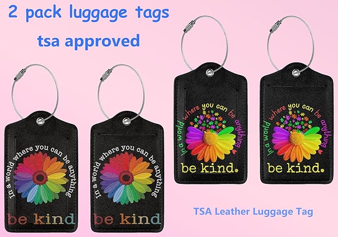 2P Be Kind Luggage Tags Privacy Cover ID Label with Stainless Steel Loop and Address Card for Travel Bag Suitcase Funny Cute Man Women Kids