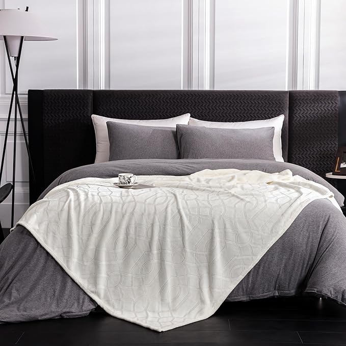 Soft Cozy Fleece Throw Blanket, 50x60 Inches – Lightweight Plush Blanket for Couch, Fuzzy 3D Jacquard Design, for Sofa, Bed & Travel - Ivory White