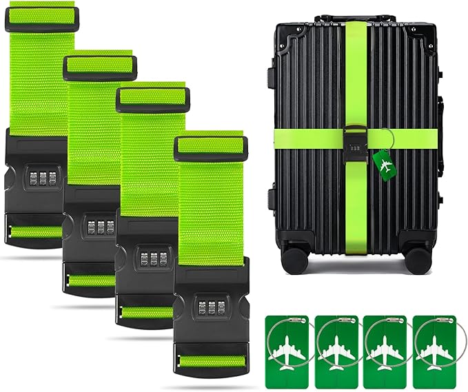 BILIONE 4 Pack Luggage Straps for Suitcases with Password Lock & Metal Tags, Adjustable Suitcase Belt & Travel Belt, Secure & Identify Luggage Connector Straps to Connect Two Bags 20-34 Inch (Green)