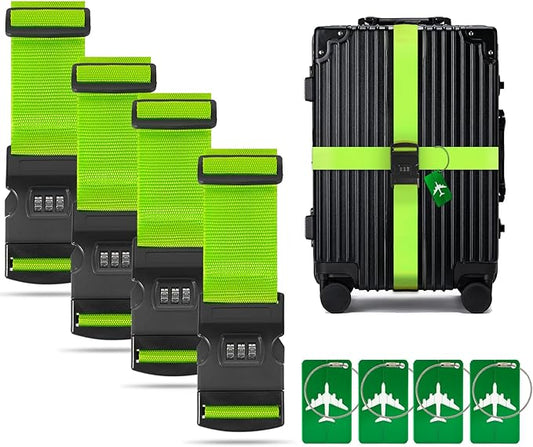 BILIONE 4 Pack Luggage Straps for Suitcases with Password Lock & Metal Tags, Adjustable Suitcase Belt & Travel Belt, Secure & Identify Luggage Connector Straps to Connect Two Bags 20-34 Inch (Green)