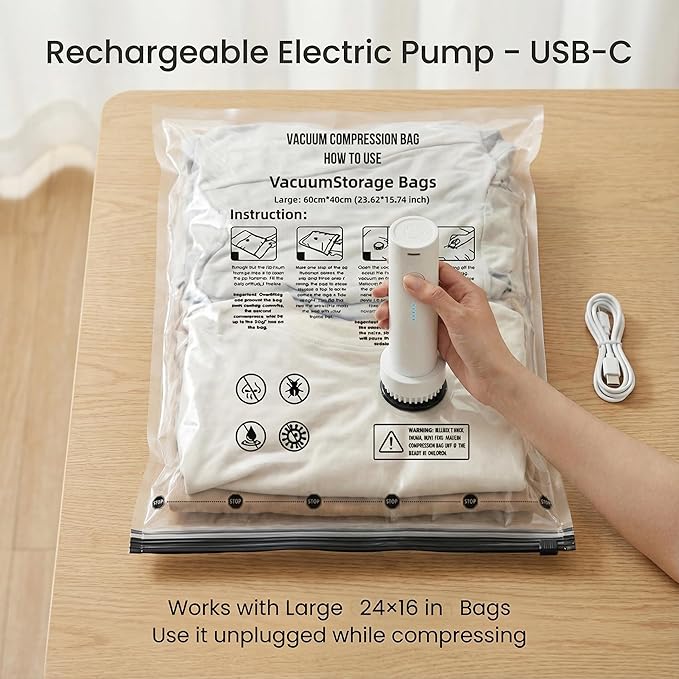 Vacuum Seal Bags for Clothing: 9 Pack Small Travel Vacuum Bags for Luggage with Rechargeable Electric Pump - Space Saver for Carry-On Packing