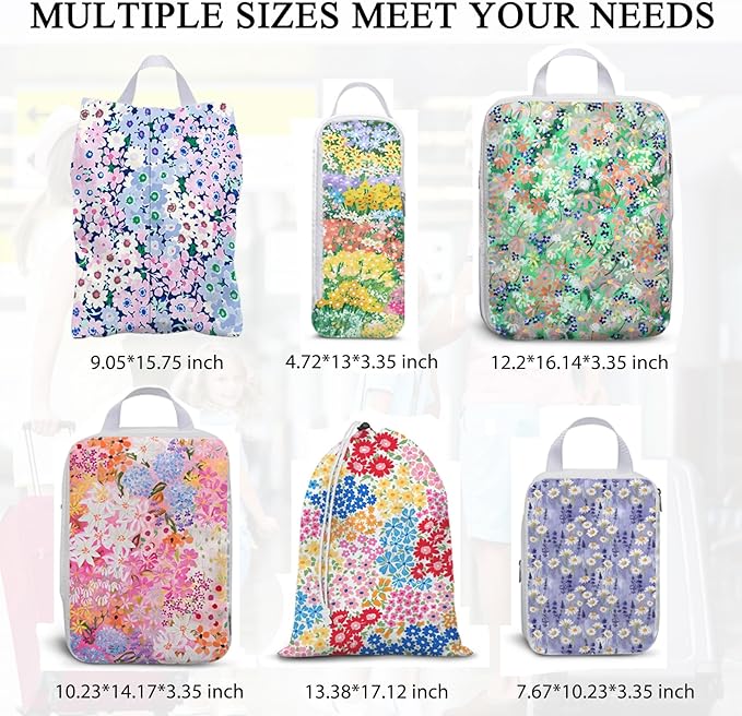 6 Pcs Compression Packing Cubes Waterproof Suitcase Travel Bag Luggage Backpack Organizer Travel Cubes for Packing-Small Floral Print