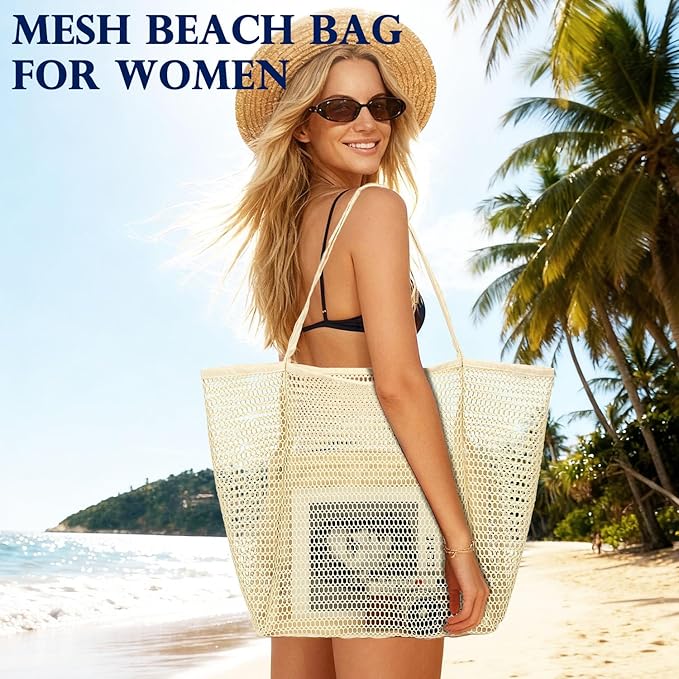 Fammart Mesh Beach Bag, Large Beach Tote with Zipper Pocket, Toys Pool Bag for Family Travel Vacation Cruise Essentials