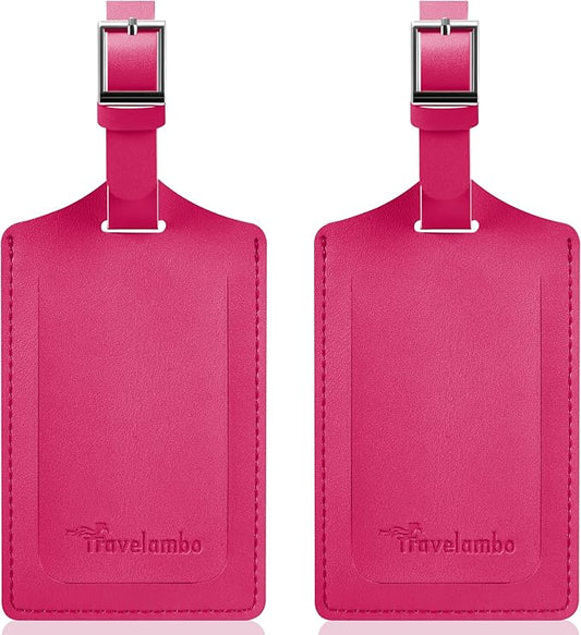 Travelambo Luggage Tags for Suitcases Faux Leather Privacy Protection 2 Pack Bag Tags Travel Accessories Essential, Rose Red