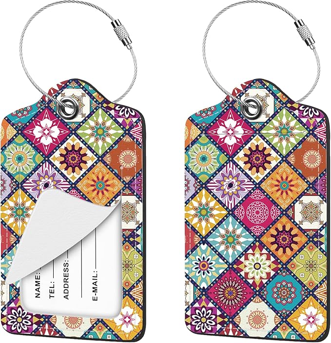 2 Pcs Luggage Tag for Suitcases, Boho Mandala Cute PU Leather Suitcase Tag Privacy Cover Name ID Label with Metal Loop, Personalized Baggage Identifier for Women Cruise Bag Travel Essentials