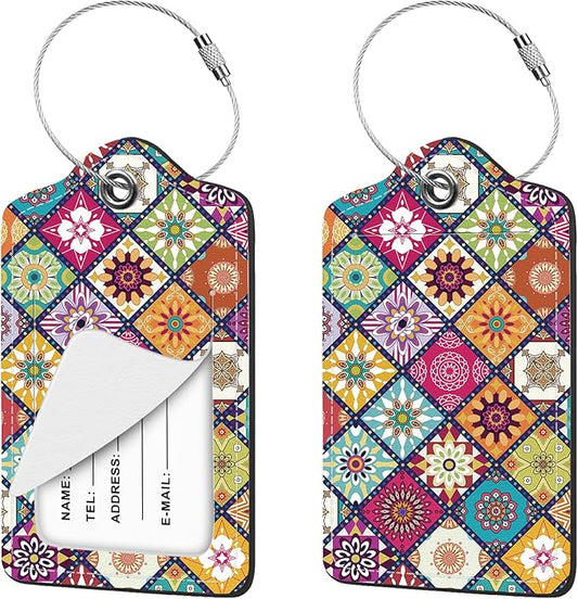 2 Pcs Luggage Tag for Suitcases, Boho Mandala Cute PU Leather Suitcase Tag Privacy Cover Name ID Label with Metal Loop, Personalized Baggage Identifier for Women Cruise Bag Travel Essentials