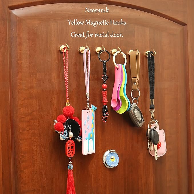 Neosmuk Magnetic Hooks, 30lb+ Heavy Duty Earth Magnets with Hook for Refrigerator, Extra Strong Cruise Hook for Hanging, Magnetic Hanger for Cabins, Grill (Golden, Pack of 6)