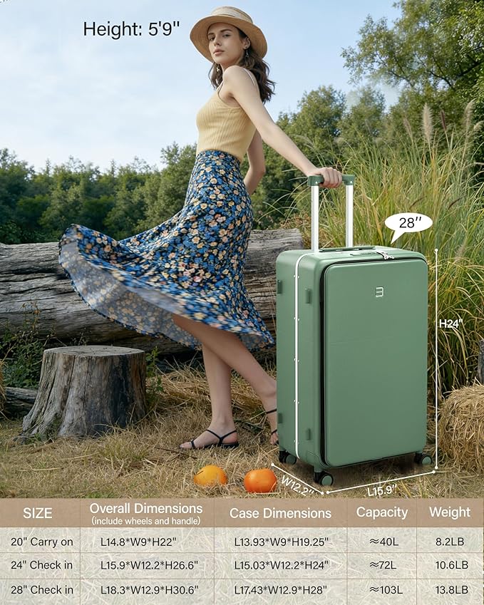 Hanke 28 Inch Top Opening Hard Shell Luggage, PC Aluminum Frame Extra Large Suitcase with Cup Holder, USB-C Charging Port, TSA Lock, 8 Silent Spinner Wheels& Removable Dividers,Forest Green