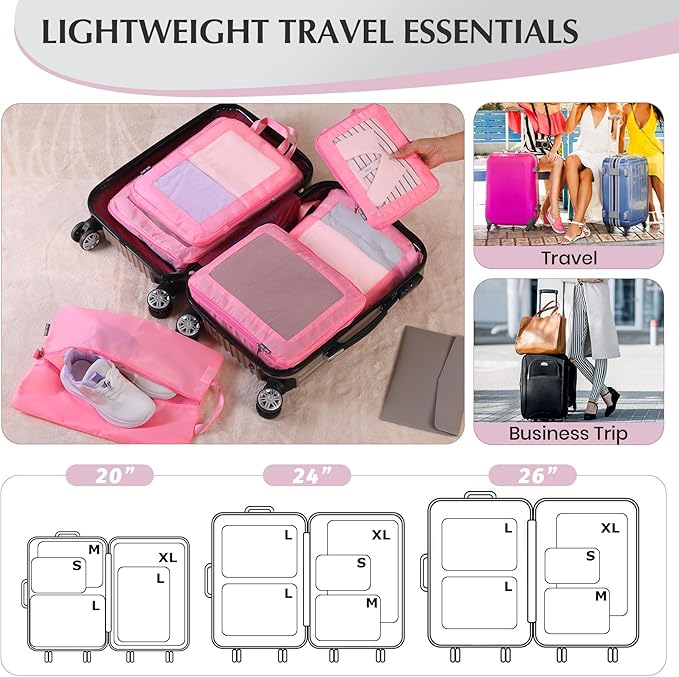 Ultralight Compression Packing Cubes for Suitcases Carry on，Compressible Mesh Packing Cubes for Travel Women Travel Essentials with Shoe Bag 6 Set (Pink)