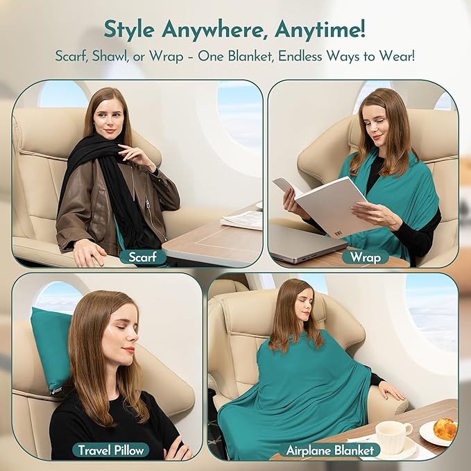 16-in-1 Compact Travel Blanket with Bag – Reversible, Ultra Soft Bamboo Airplane Blanket with Hidden Pocket – Packable for Flights & Travel Essentials (Semi-Weighted, Double Layer)