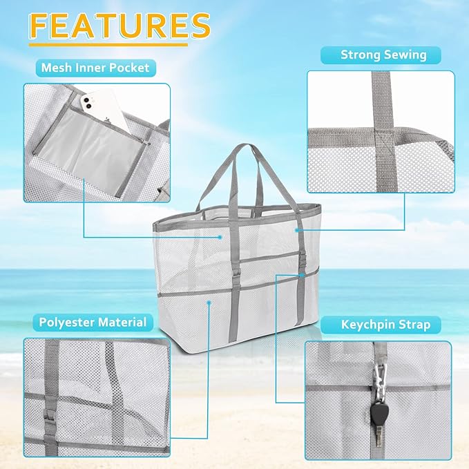 SRISE Mesh Beach Bag - Large Beach Tote Bag for Family Beach Bag for Toys & Vacation Essentials