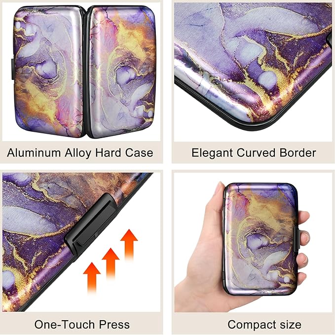 ELFISH Mini RFID Aluminum Wallet Credit Cards Holder Business Card Case Metal ID Case for Men Women（Light Purple Marble