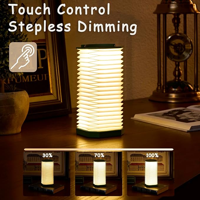 Uniwolk Paper Lamp House Warming Gifts, Portable Cordless Foldable Small Bedside Lamp, Retro Green Accordion Desk Lamp, Paper Lantern Lights 1200mAh, Japanese Gifts Collapsible Pleated Wireless lamp