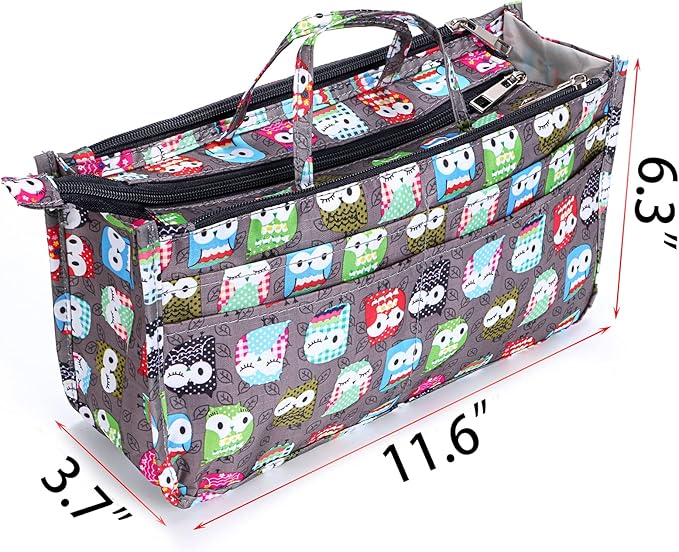 BTSKY Printing Handbag Organizers Inside Purse Insert - High Capacity 13 Pockets Bag Tote Organizer with Handle (Owl)