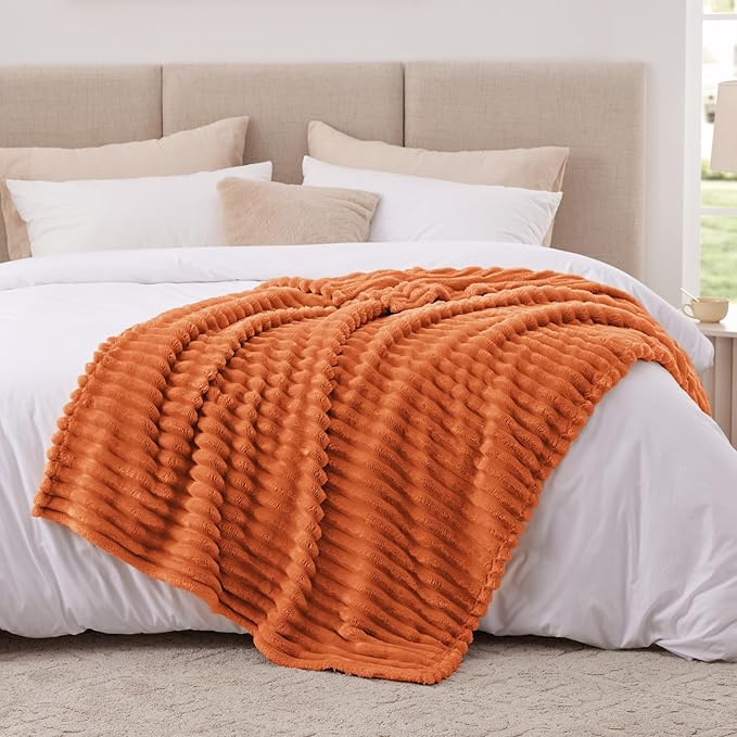 EXQ Home Fall Throw Blanket for Couch or Bed - 3D Stripe Jacquard Decorative Fleece Blankets - Cozy Soft Lightweight Fuzzy Flannel Blanket Suitable for All Seasons(50"×60",Orange)