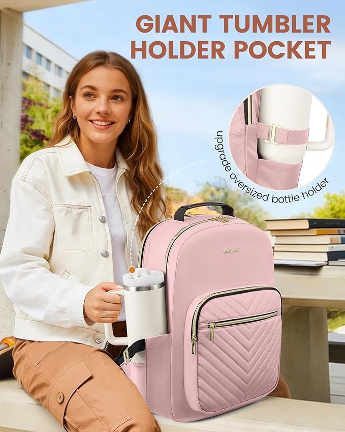 LOVEVOOK Laptop Backpack for Women with Giant Tumbler Holder 15.6 inch,Designer Travel Backpack Laptop Bag College Backpack,Quilted Work Nurse Teacher Backpack Purse Computer Bag Casual Daypack, Pink