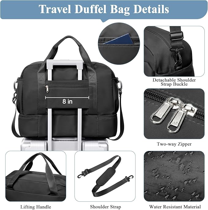 Travel Duffel Bags for Women, Carry-on Overnight Weekender Bag with Wet Pocket & Toiletry Bag, For Spirit Airlines 18x14x8 Personal Item Bag