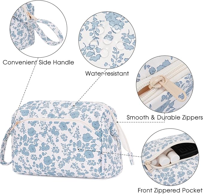 Narwey Cute Floral Makeup Bag Wide-open Make up Bag Travel Cosmetic Organizer Toiletry Bag for Cosmetics Toiletries Accessories (Blue Flower)