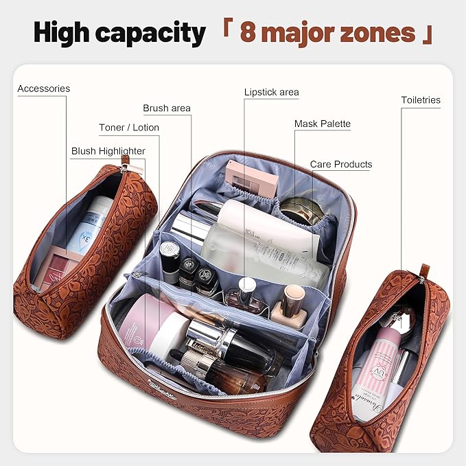 BOYATU Travel Makeup Bag Cosmetic Bags for Women: Large Capacity 3 Pcs Set Make up Bag with Compartments - Waterproof Vegan Leather Toiletry Organizer Bags with Handle (Z-61Brown)