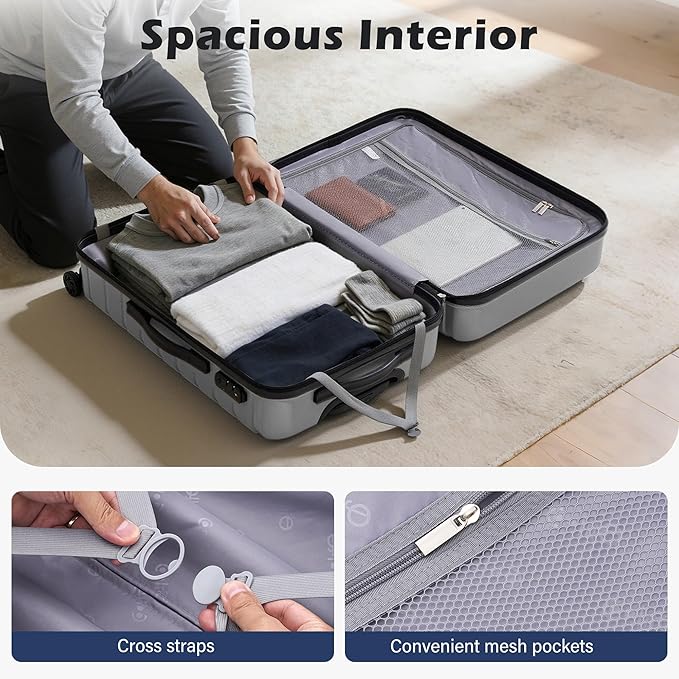 Coolife Medium Checked Luggage with Spinner Wheels, Hardside Suitcase TSA Lock Lightweight Travel Luggage 24-inch,Silver