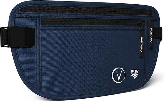 Vantamo Money Belt with RFID For Men & Women, Hidden Passport Holder for Travel, 2 Compartment Travel Fanny Pack for Women Anti Theft
